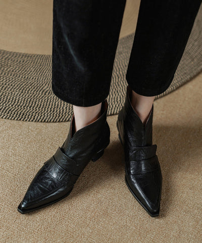 Black Boots Kitten Sheepskin French Splicing Pointed Toe Black Boots Kitten Sheepskin French Splicing Pointed Toe
