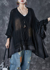 Bohemian Schwarz Asymmetrische Übergroße Patchwork Strick Tops Frühling