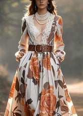 Stil V-Ausschnitt Patchwork Spitze Blumendruck Cinched Vestidos Kleid Frühling