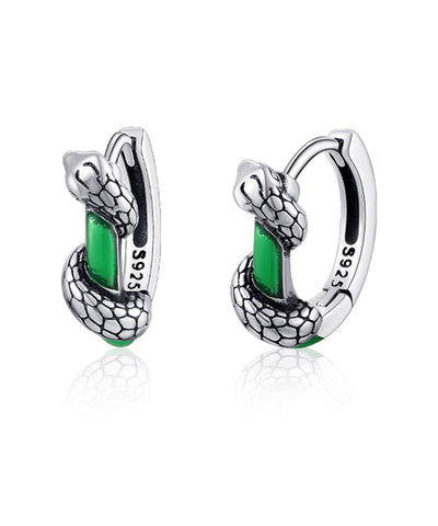 Fine Green Sterling Silver Jade Snake Hoop Earrings Fine Green Sterling Silver Jade Snake Hoop Earrings