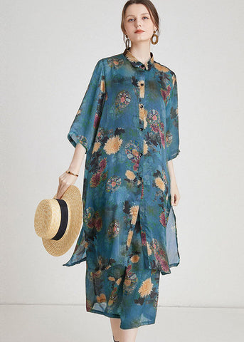 Conjunto de dos piezas de gasa con abertura lateral y estampado azul de moda para verano  Conjunto de dos piezas de gasa con abertura lateral y estampado azul de moda para verano