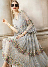 Boutique Grau V-Ausschnitt bestickte Tüllkleider Zweiteiliges Set Frühling