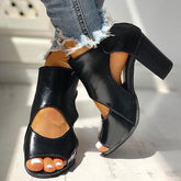 Black Peep Toe Cut Out Ankle Boots Chunky Block Heel Booties