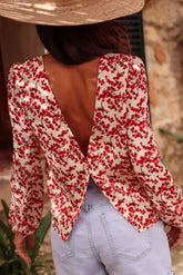 bohemian red floral open back blouse