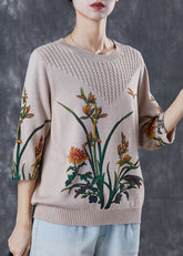 DIY Beige Oversized Print Stricktops Frühling