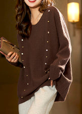 Blusa de punto con cuentas y cuello redondo color café para mujer, manga larga