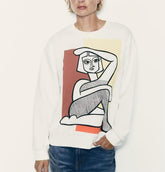 Suéter holgado de algodón con estampado bordado para niña, color blanco otoñal