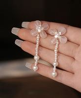 Cute Pink Weave Crystal Pearl Tassel Drop Earrings