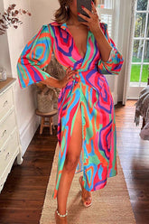 Vestido camisero midi cruzado con lazo y abertura, estampado Love Many Ways