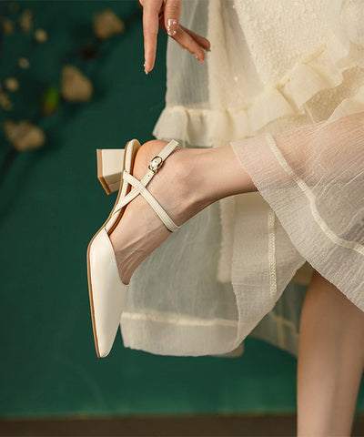 Chic Beige Splicing Cowhide Leather Chunky Sandals Pointed Toe Chic Beige Splicing Cowhide Leather Chunky Sandals Pointed Toe