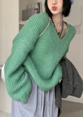 Suéter de punto de algodón liso con cuello en V verde para mujer, manga larga