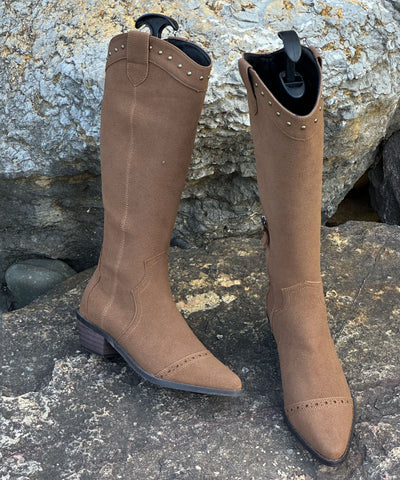 Art Splicing Chunky Boots Brown Suede Pointed Toe Rivet Art Splicing Chunky Boots Brown Suede Pointed Toe Rivet