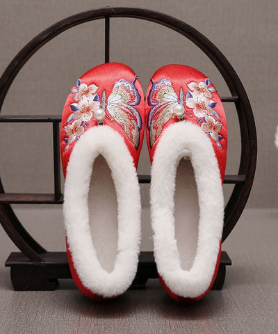 Chinese Style Red Fuzzy Wool Lined Embroidery Flats Shoes Chinese Style Red Fuzzy Wool Lined Embroidery Flats Shoes