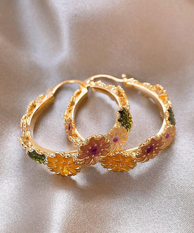 Oversize Gold Copper Alloy Floral Drip Glaze Hoop Earrings Oversize Gold Copper Alloy Floral Drip Glaze Hoop Earrings