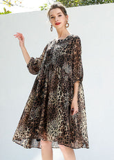 Kaffee Leopard Print Chiffon Strand Kleider O-Ausschnitt Niet Sommer