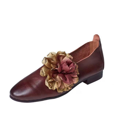 Retro Coffee Floral Splicing Loafer Shoes Cowhide Leather Pointed Toe Retro Coffee Floral Splicing Loafer Shoes Cowhide Leather Pointed Toe