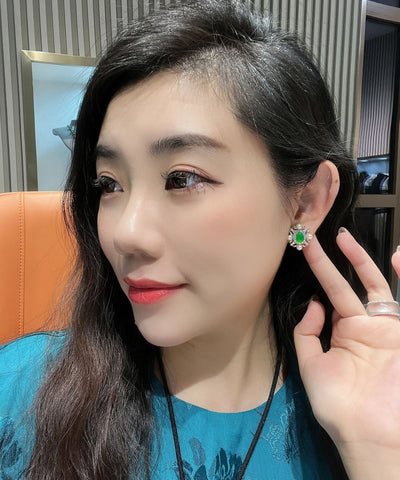 Pendientes de plata de ley verde con circón dorado y perla de jade  Pendientes de plata de ley verde con circón dorado y perla de jade