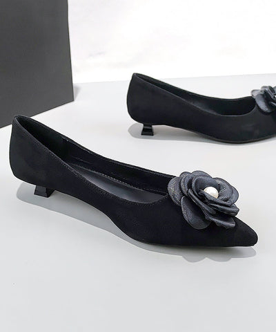 Black Suede Floral Splicing Kitten Shoes Pointed Toe Black Suede Floral Splicing Kitten Shoes Pointed Toe