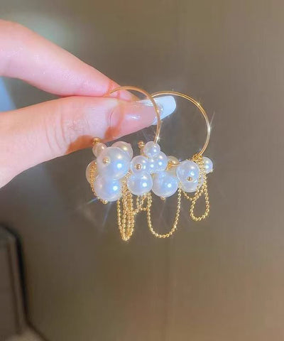 Original Design Gold Copper Alloy Pearl Tassel Hoop Earrings Original Design Gold Copper Alloy Pearl Tassel Hoop Earrings