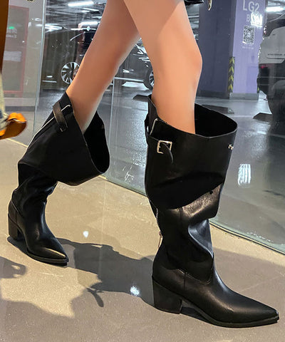 Botas gruesas de piel de vaca marrón con diseño de empalme de moda  Botas gruesas de piel de vaca marrón con diseño de empalme de moda