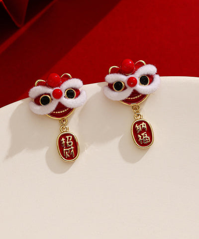 New Red Copper 14K Gold 14K Gold Lion Dance Drop Earrings New Red Copper 14K Gold 14K Gold Lion Dance Drop Earrings