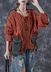 Taillierter Ziegelroter asymmetrischer Patchwork-Strick-Kurzpullover für den Winter