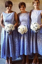 High Low Bateau Sleeveless Light Sky Blue Lace Bridesmaid Dress