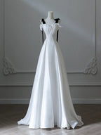 A-Line Satin White Long Prom Dress Formal Dress with Sweep Train