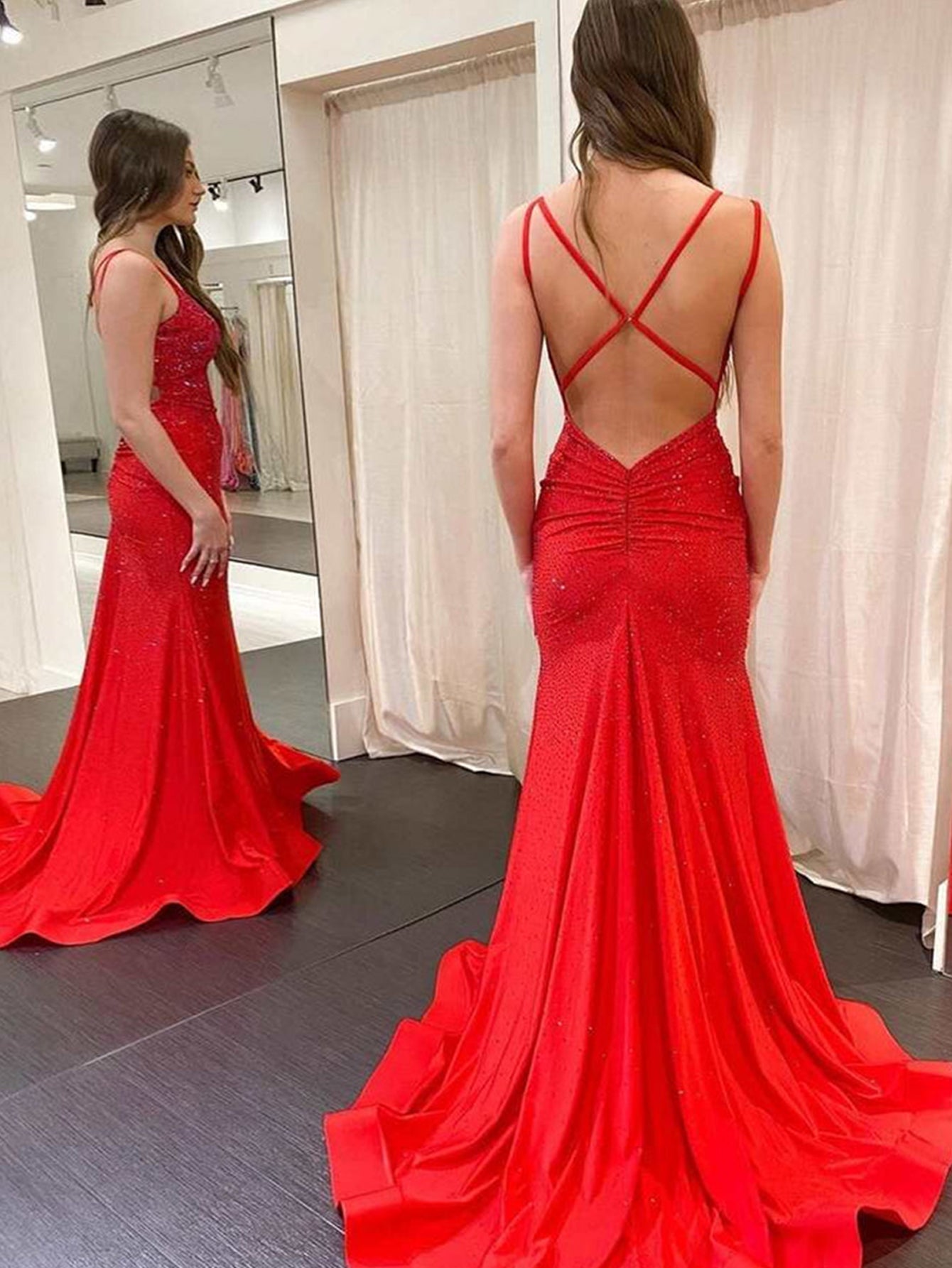 Mermaid V Neck Beaded Jersey Prom Dress