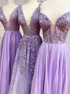 A-Linien-Abendkleid aus Chiffon mit tiefem V-Ausschnitt und Spitze