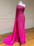 Ein-Schulter-Glitzer-Meerjungfrauen-Pink langes Ballkleid