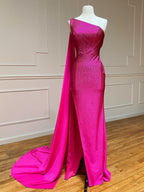 Ein-Schulter-Glitzer-Meerjungfrauen-Pink langes Ballkleid