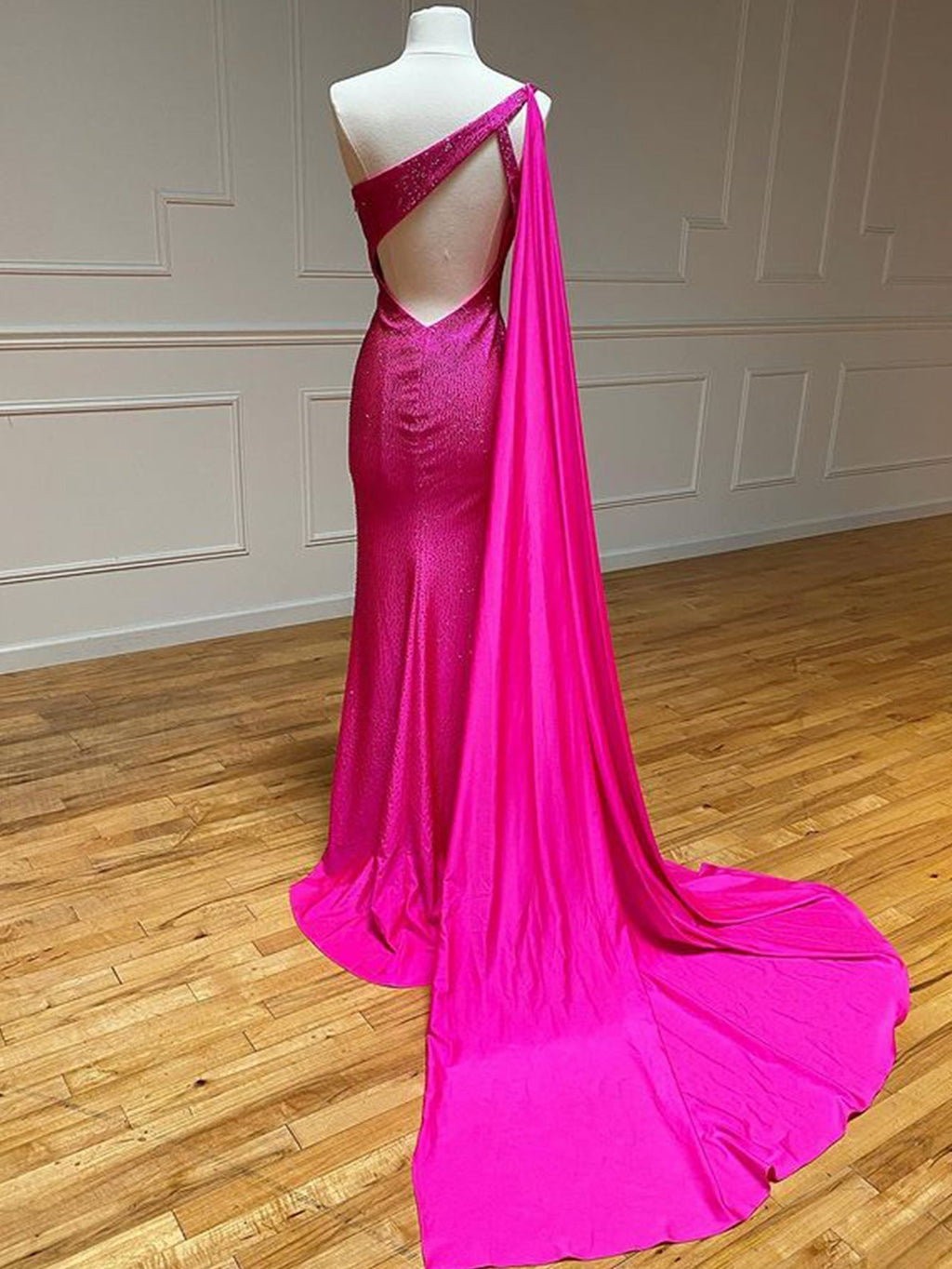 Ein-Schulter-Glitzer-Meerjungfrauen-Pink langes Ballkleid