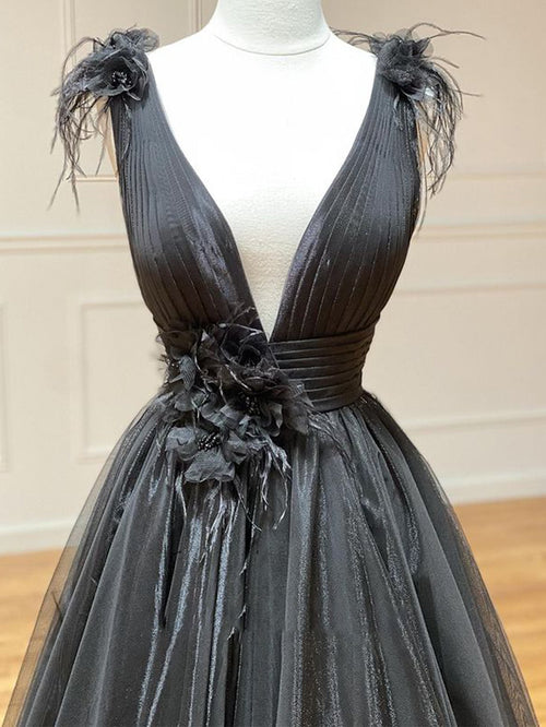 Schwarzes, langes Tüll-Abendkleid in A-Linie mit V-Ausschnitt