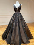 Schwarzes, langes A-Linien-Abendkleid mit V-Ausschnitt und Spitze