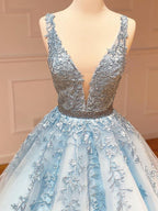 Schwarzes, langes A-Linien-Abendkleid mit V-Ausschnitt und Spitze