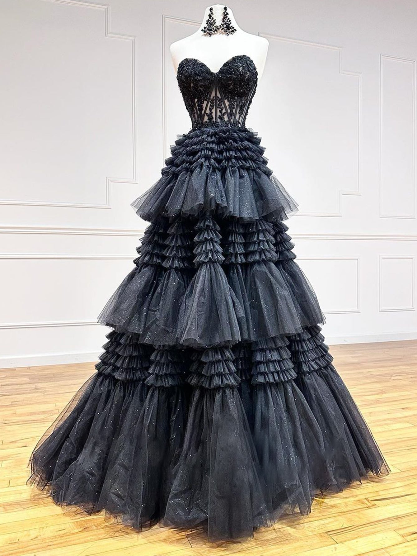 A-Line Sweetheart Tiered Long Tulle Prom Dress