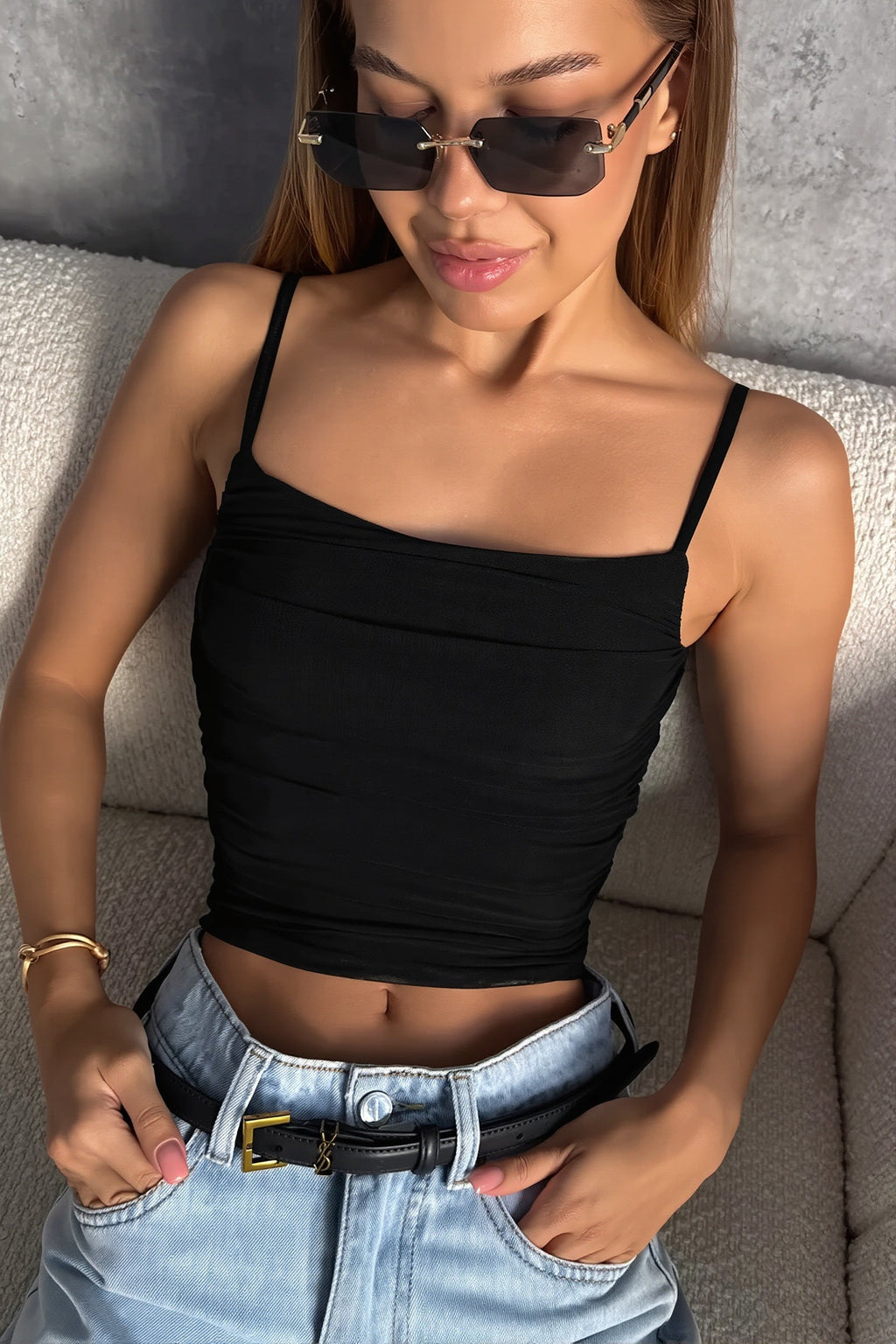Ruched Mesh Slim Tank Top
