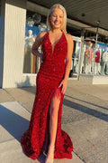 Vestido de fiesta largo de sirena con escote en V profundo y lentejuelas rojas con espalda abierta