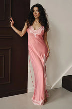 Lace Spaghetti Strap Silk-Like Slit Maxi Dress