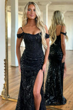 Sparkly Black Off The Shoulder Long Corset Prom Dress Sweep/Brush Train Dresses With Split