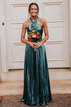 Metallic-rosafarbenes, plissiertes A-Linien-Abendkleid mit Neckholder und Schlitz
