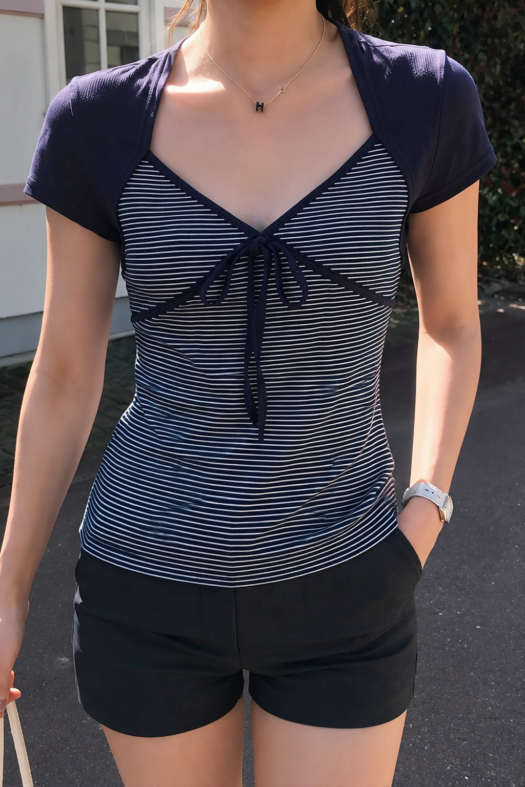 Striped Color Block Tie Fake Two Blouse
