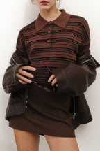 Color-block Stripe Fitted Polo Knit Blouse