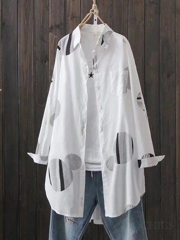 Camisas sueltas de manga larga con estampado de lunares y solapa 