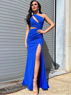 Langes Meerjungfrauen-Abendkleid mit One-Shoulder-Ausschnitt und Schlitz