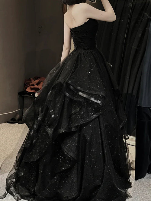 A-Line Sweetheart Neck Tulle Ruffle Tiered Ballgown Long Prom Dress