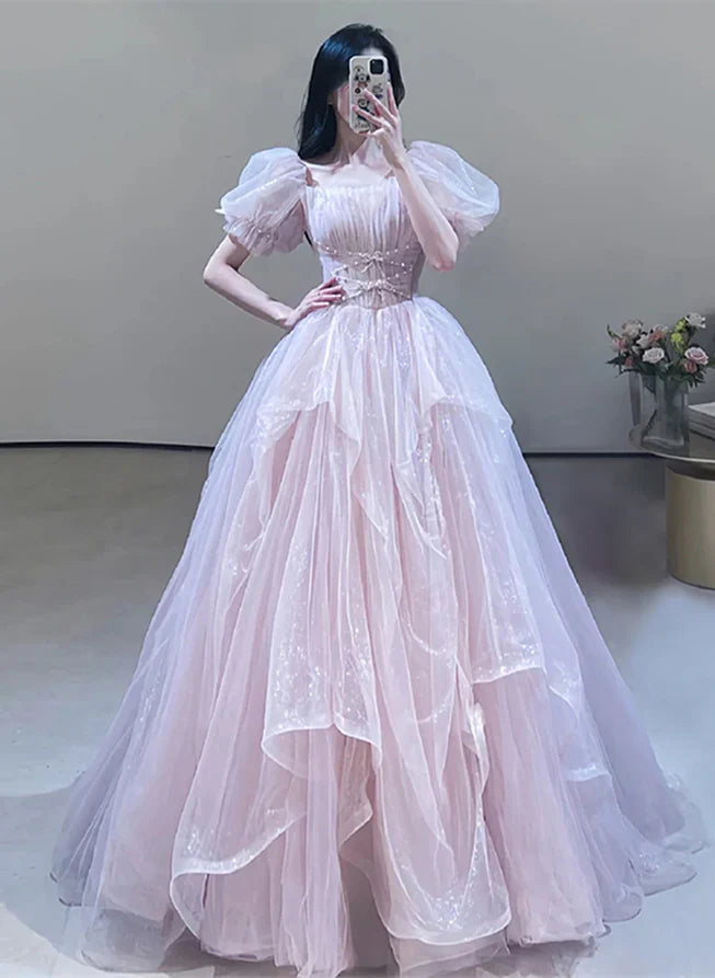 A-Line Princess Off Shoulder Tulle Beaded Sweetheart Bubble Sleeved Ballgown Evening Dress Prom Dress