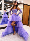 Vestido de fiesta de tul escalonado, asimétrico, sin tirantes y corte A