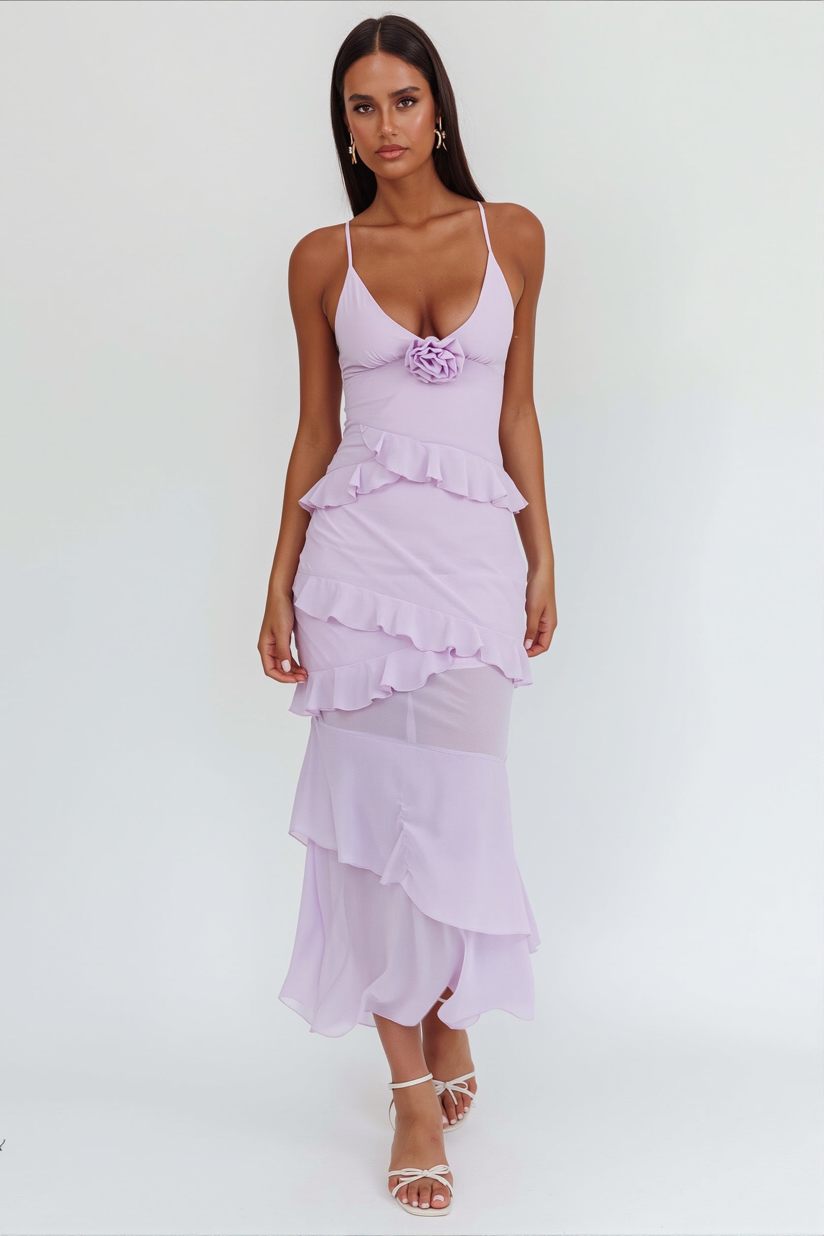 Flowy Solid Ruffle Slim Cami Maxi Dress